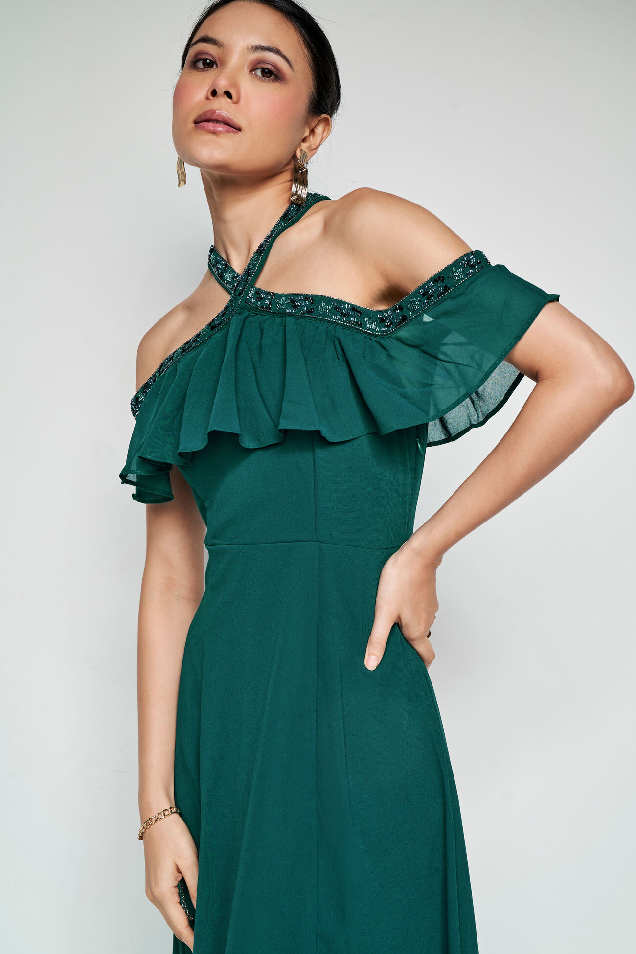 Jewel Wave Flared Dress, Emerald Green, image 6